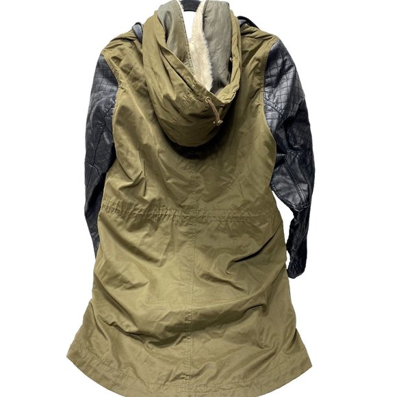 Green Zara Leather and Khaki Winter/Fall Coat Parka L -As is front zipper broken - Picture 3 of 16